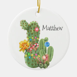 Christmas Holiday Southwestern Watercolor Cactus Ceramic Ornament