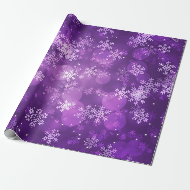 Christmas Holiday Sparkles & Snowflakes Purple Wrapping Paper (Unrolled)