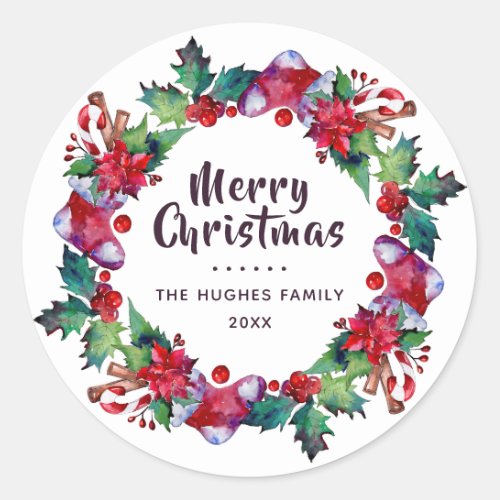 Christmas Holiday Stocking Floral Wreath Classic Round Sticker