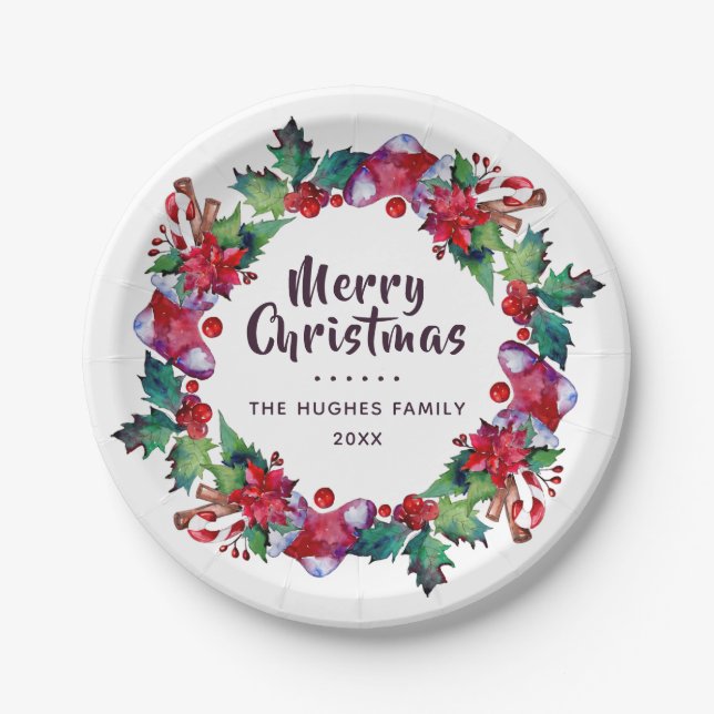 Christmas Holiday Stocking Floral Wreath Paper Plates (Front)