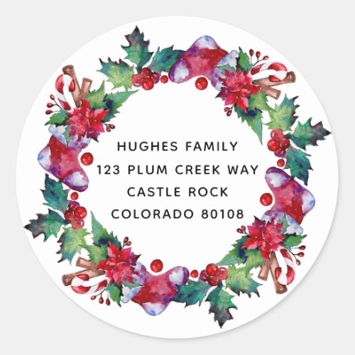 Christmas Holiday Stocking Floral Wreath Photo Classic Round Sticker