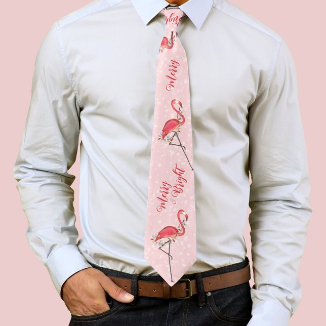Christmas Holiday String Lights Merry and Bright  Neck Tie (Pink flamingos neck tie.)
