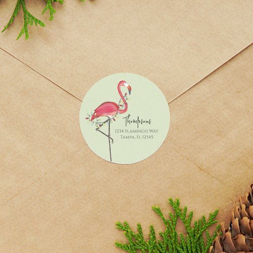 Christmas Holiday String Lights Pink Flamingo Cute Classic Round Sticker