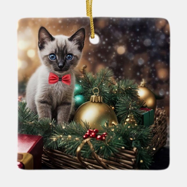 Christmas Holiday Super Cute Siamese Cat Kitten  Ceramic Ornament (Front)