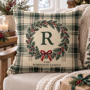 Christmas Holiday Tartan Plaid Monogram Surname Throw Pillow
