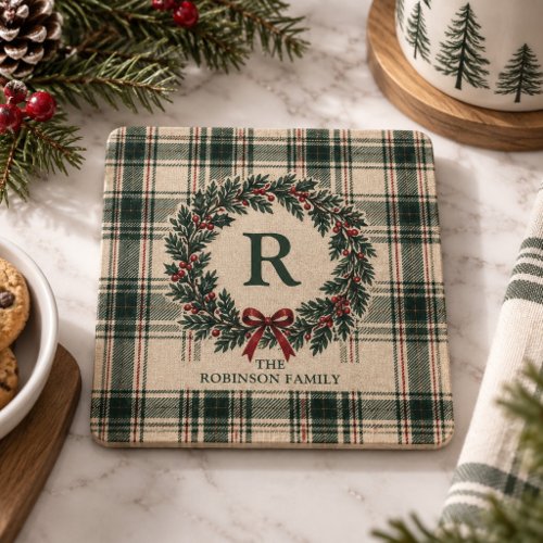 Christmas Holiday Tartan Plaid Monogram Surname Trivet