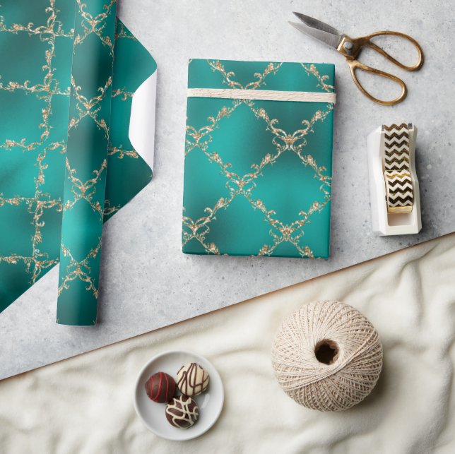 Christmas Holiday Teal Gold Glitter Damask Gift Wrapping Paper (Crafts)