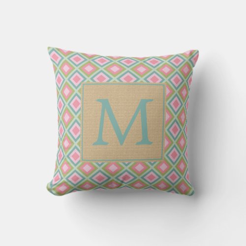 Christmas Holiday Teal Pink Monogram Throw Pillow