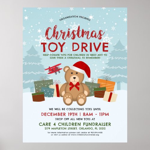 Christmas Holiday Teddy Bear Toy Drive Fundraiser Poster