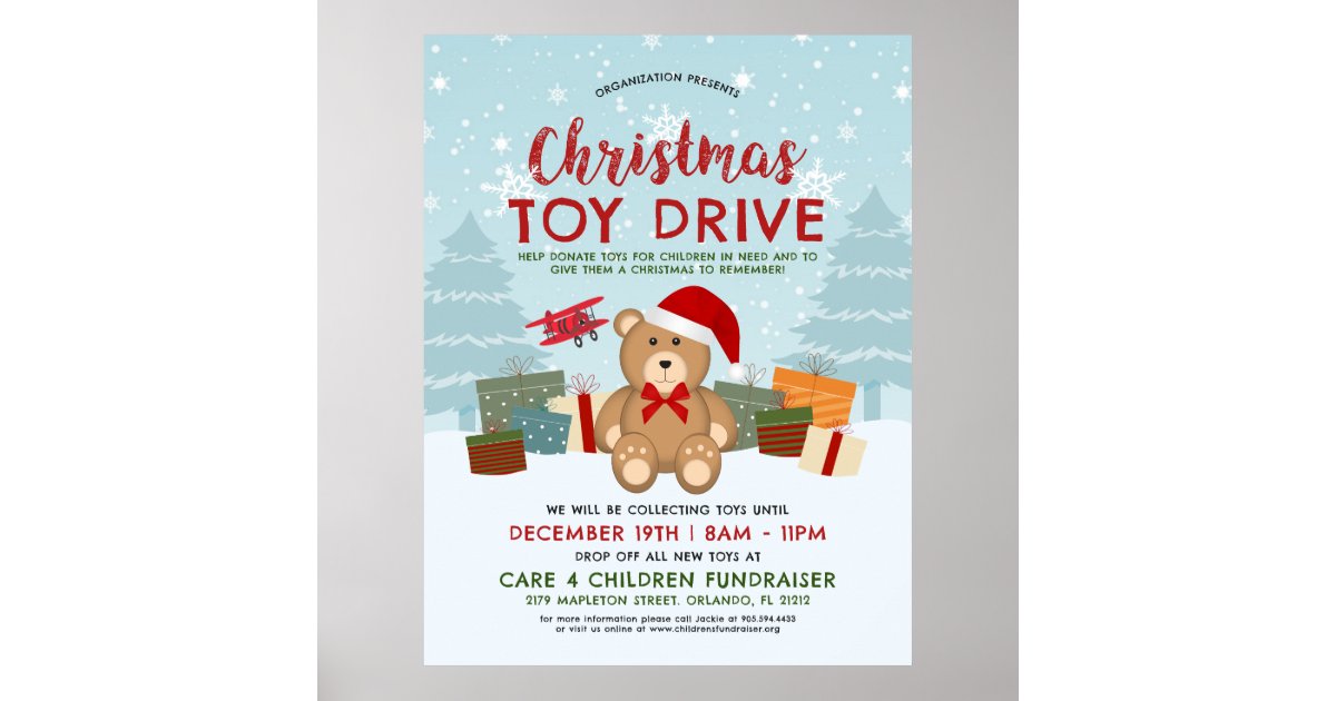 Christmas Holiday Teddy Bear Toy Drive Fundraiser Poster Zazzle