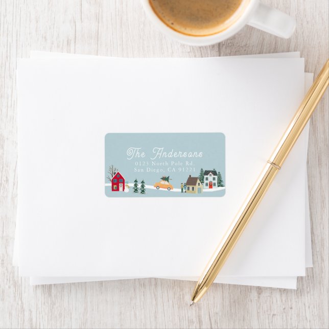 Christmas Holiday Town/Village Blue Address Label (Insitu)