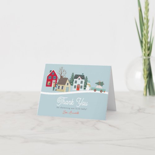 Christmas Holiday TownVillage Blue Baby Shower Thank You Card