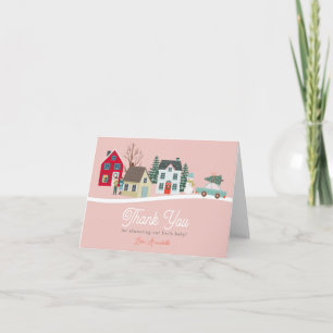 Christmas Holiday Town/Village Pink Baby Shower Letterpress Thank You Card