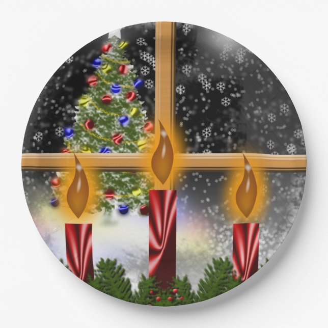 Christmas Holiday Tree Candles Decorated Window Paper Plates (Front)