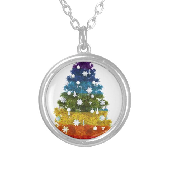 christmas holiday tree colors happy joy silver plated necklace (Front)