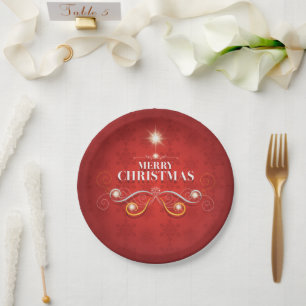 Christmas holiday tree red gold stars modern wish paper plates