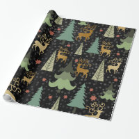 Christmas Holiday - Trees & Deer on Black Wrapping Paper