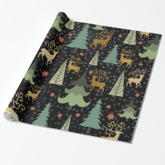 Christmas Holiday - Trees & Deer on Black Wrapping Paper