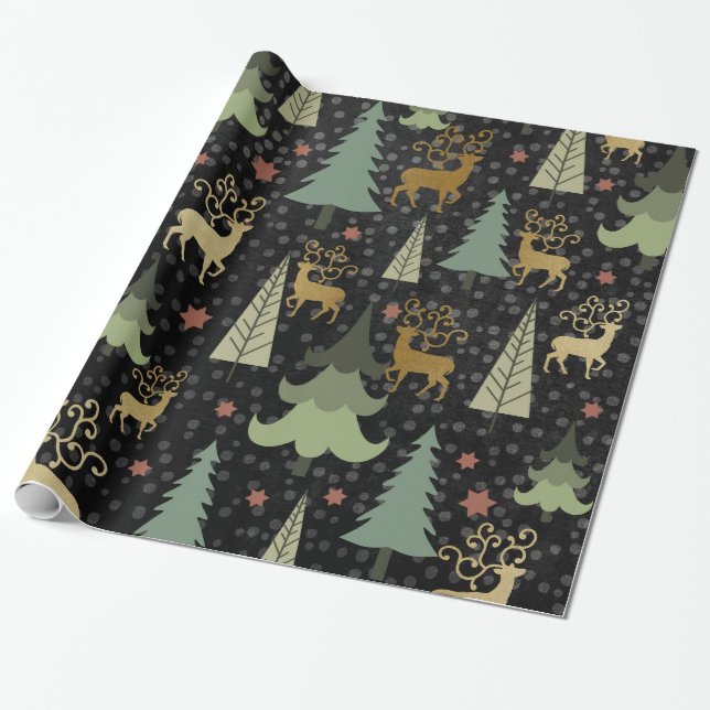 Christmas Holiday - Trees & Deer on Black Wrapping Paper (Unrolled)
