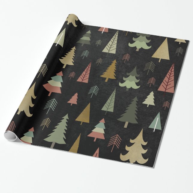 Christmas Holiday - Trees on Black Wrapping Paper (Unrolled)