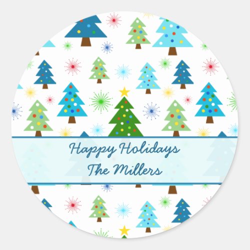 Christmas Holiday Trees Starbursts Festive Blue Classic Round Sticker