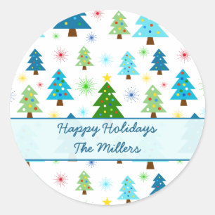 Christmas Holiday Trees Starbursts Festive Blue Classic Round Sticker