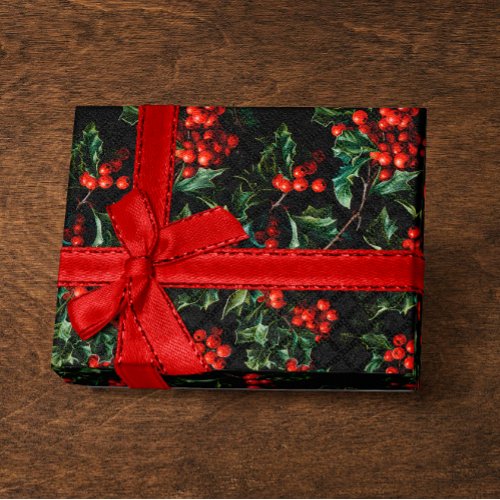 ChristmasHoliday Vibrant Red Berries  Leaves Wrapping Paper