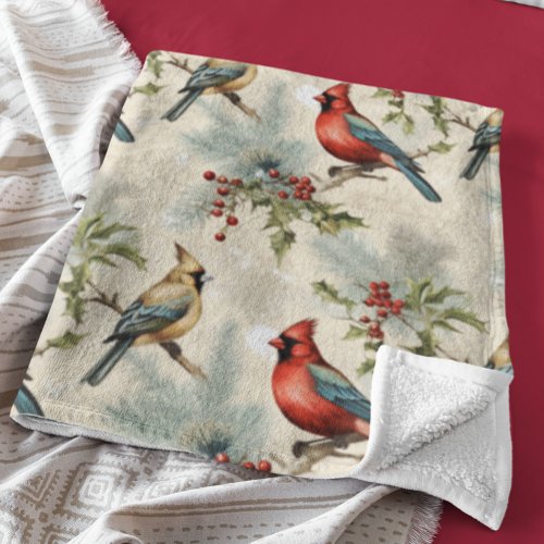 Christmas Holiday Vintage Birds Fleece Blanket