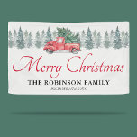 Christmas Holiday Vintage Red Truck Banner<br><div class="desc">Festive christmas holiday banner featuring a simple white background,  watercolor spruce trees,  a vintage red truck,  a xmas tree,  and a traditional merry christmas template that is easy to personalize.</div>
