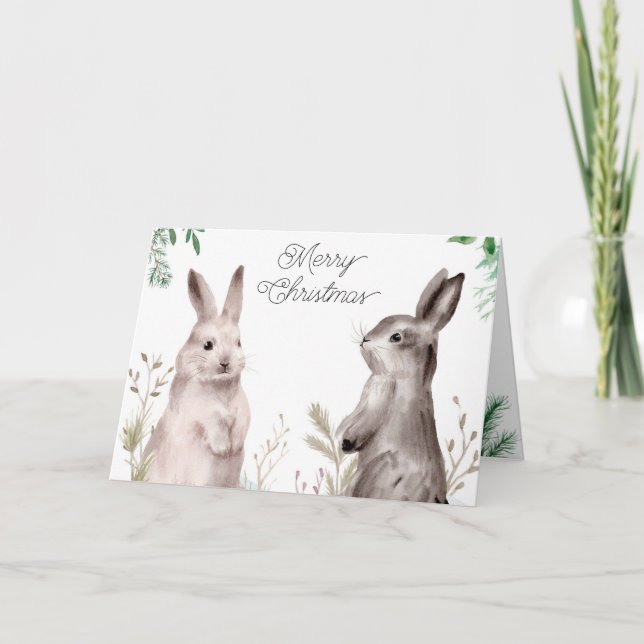 Christmas Holiday Watercolor Bunny. Rabbit, Floral (Front)