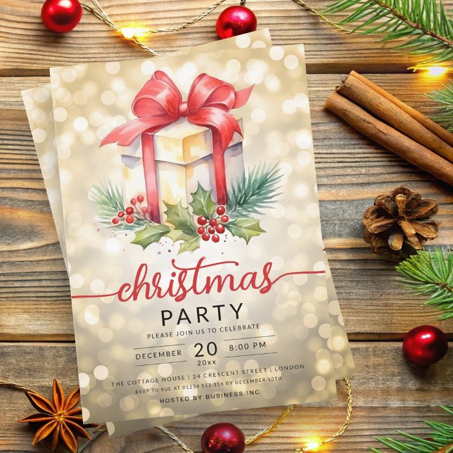 Christmas Holiday Watercolor Company Bokeh Gold Invitation (Christmas Holiday Watercolor Company Bokeh Gold Invitation)