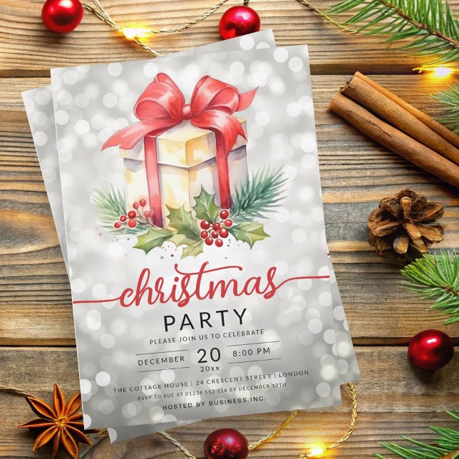 Christmas Holiday Watercolor Company Bokeh Silver Invitation (Christmas Holiday Watercolor Company Bokeh Silver Invitation)
