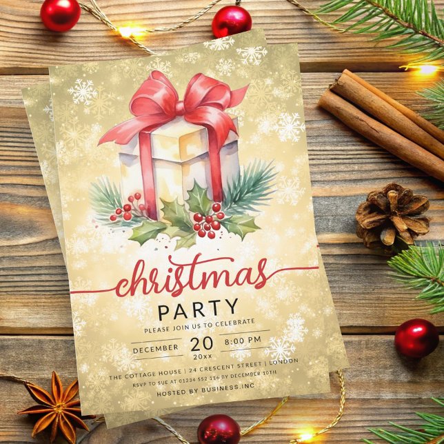 Christmas Holiday Watercolor Company Snow Gold  Invitation (Christmas Holiday Watercolor Company Snow Gold Invitation)