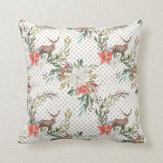 Christmas Holiday - Watercolor Deer & Pointsettia2 Throw Pillow