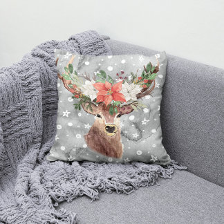 Christmas Holiday - Watercolor Deer & PointsettiaG Throw Pillow