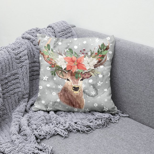 Christmas Holiday - Watercolor Deer & PointsettiaG Throw Pillow (Creator Uploaded)