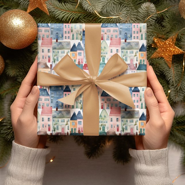 Christmas holiday Watercolor Festive Houses Wrapping Paper Sheets (Creator Uploaded)