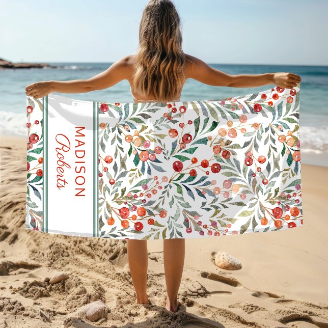 Christmas Holiday Watercolor Floral Personalized Beach Towel (Creator Uploaded)
