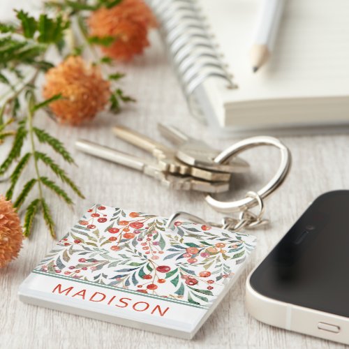 Christmas Holiday Watercolor Floral Personalized Keychain