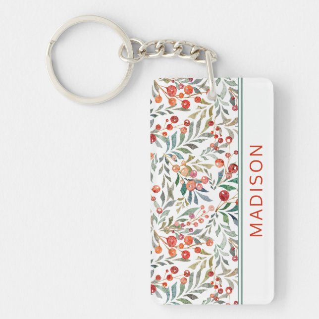 Christmas Holiday Watercolor Floral Personalized Keychain (Front)