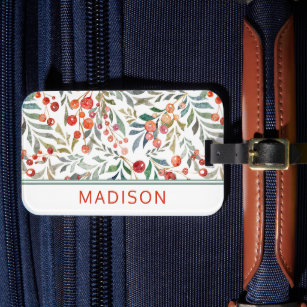 Christmas Holiday Watercolor Floral Personalized Luggage Tag