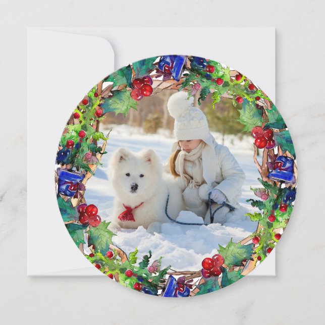 Christmas Holiday Watercolor Floral Wreath Photo Card (Front)