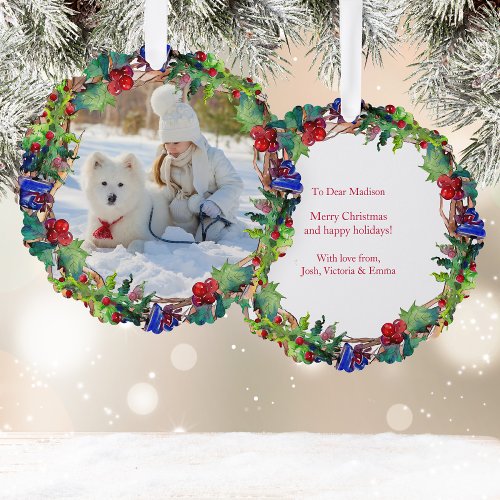 Christmas Holiday Watercolor Floral Wreath Photo Ornament Card