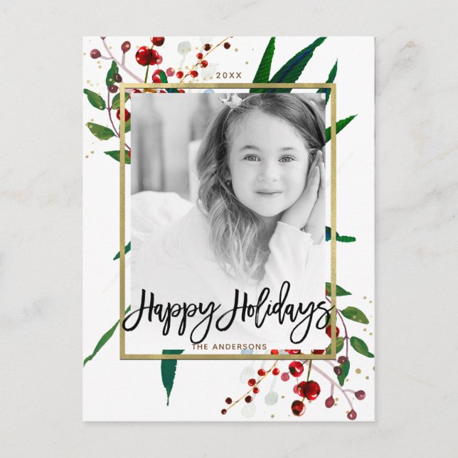 Christmas Holiday Watercolor Modern Floral Photo Postcard (Front)