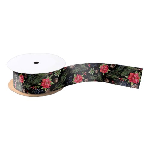 Christmas Holiday Watercolor Poinsettia Floral Satin Ribbon