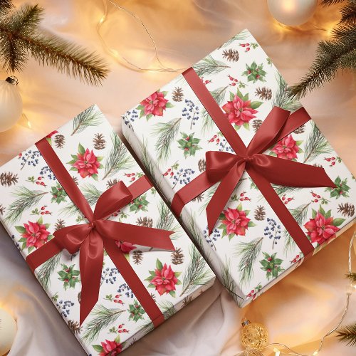 Christmas Holiday Watercolor Poinsettia Floral Wrapping Paper