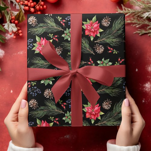 Christmas Holiday Watercolor Poinsettia Floral Wrapping Paper