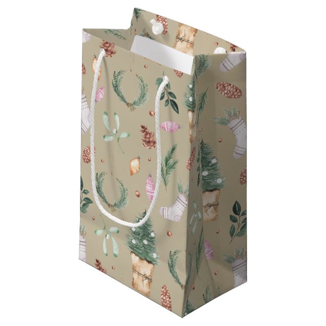 Christmas  Holiday Watercolor Small Gift Bag (Front Angled)