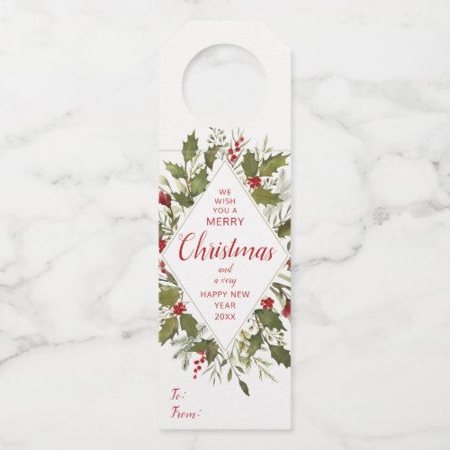 Christmas Holiday Watercolor Vintage Holly Wreath Bottle Hanger Tag