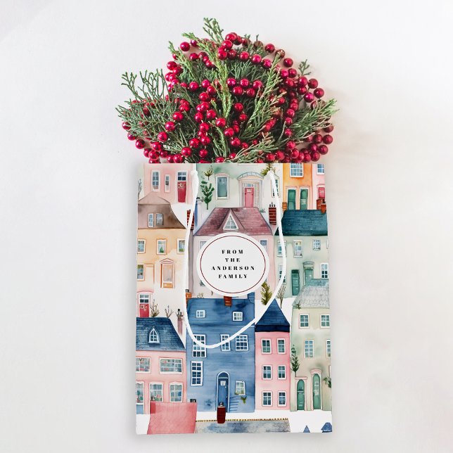 Christmas Holiday Watercolor Winter Festive Houses Medium Gift Bag (Creator Uploaded)
